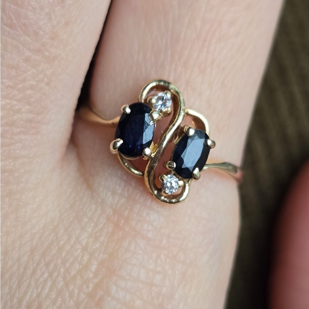 Gold 14k Ring with Two Dark Blue matural Sapphire Stones and Accent Diamonds